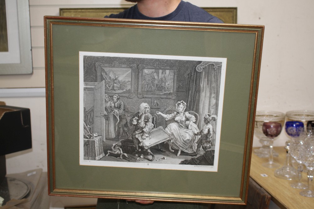 William Hogarth, set of six engravings, A Harlots Progress, 33 x 40cm